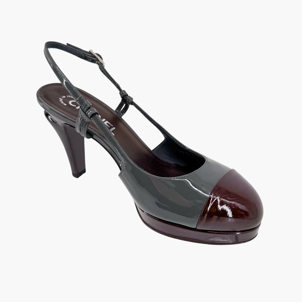 Chanel Gray Burgundy Patent Cap Toe Slingback Platform Pumps Size 37.5 US 6.5–7 - Picture 11 of 15